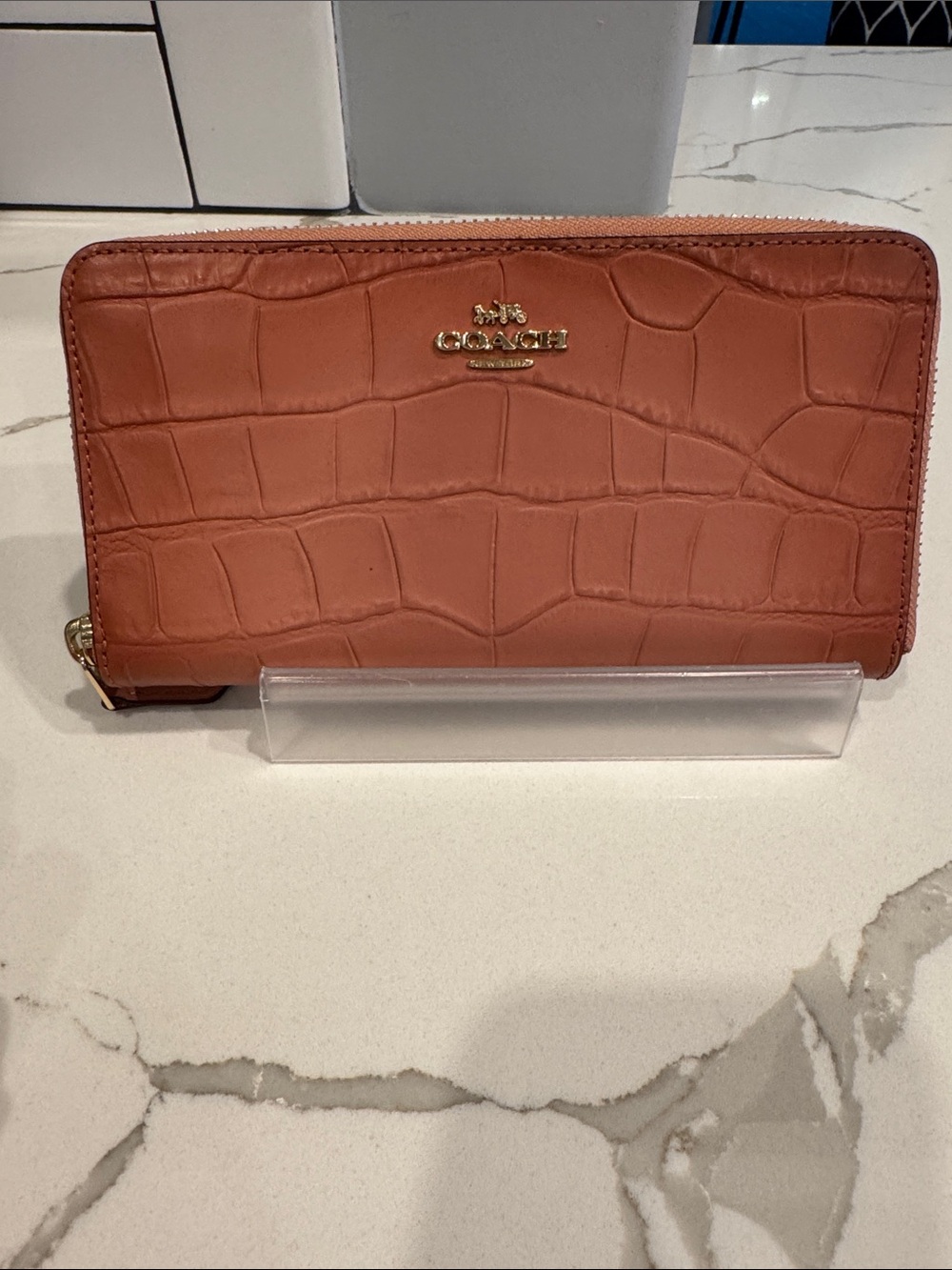 Coach salmon croc embossed zip around wallet